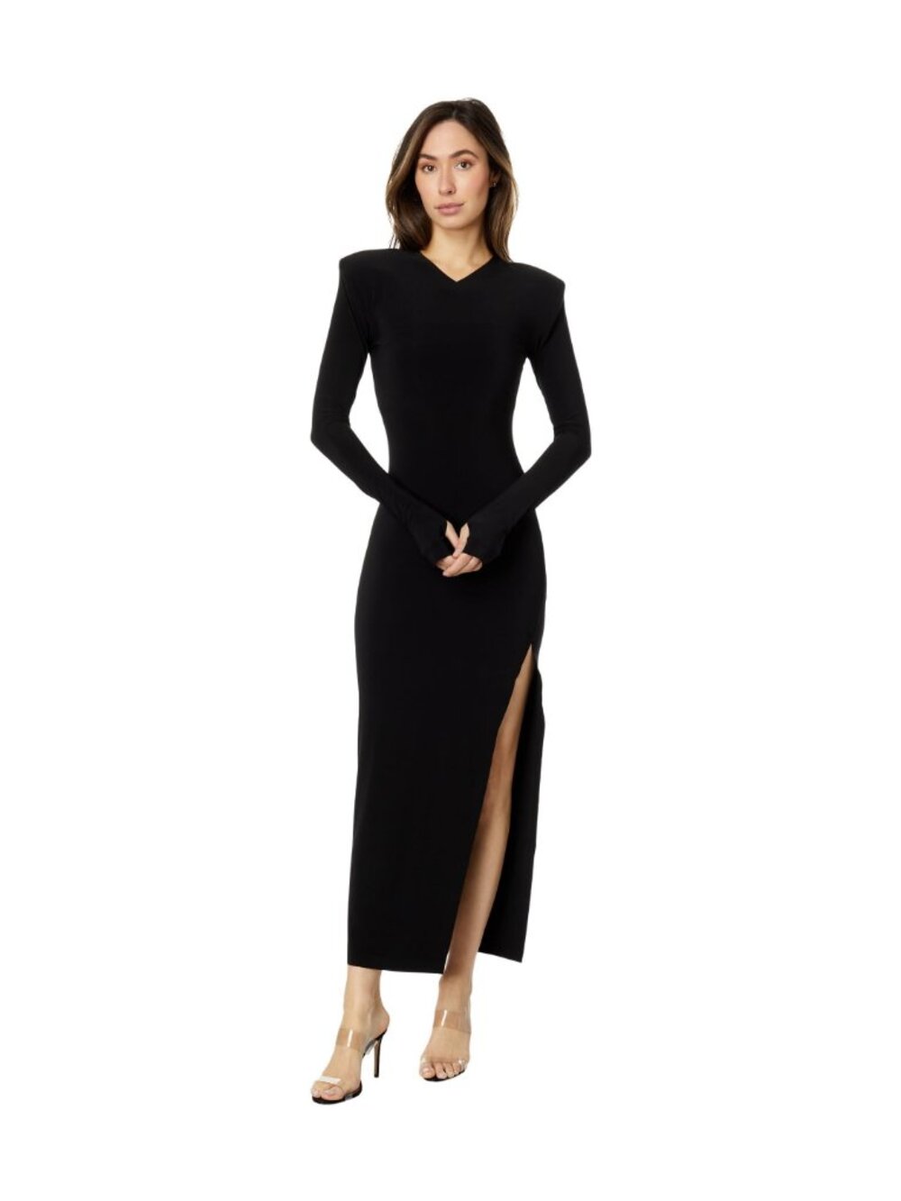 Norma Kamali Long Sleeve Side Slit V Neck Padded Shoulder Dress  Gown  Black  XL